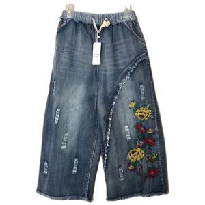 Yesno wide leg cropped loose boho floral embroidered denim jeans size 27